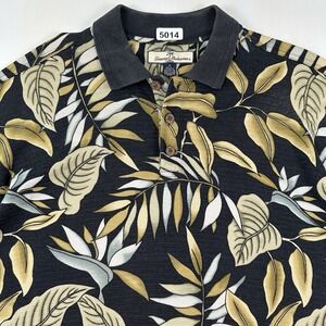 VTG Tommy Bahama Silk Cotton Polo Shirt Men Medium Black Tropical All Over Print